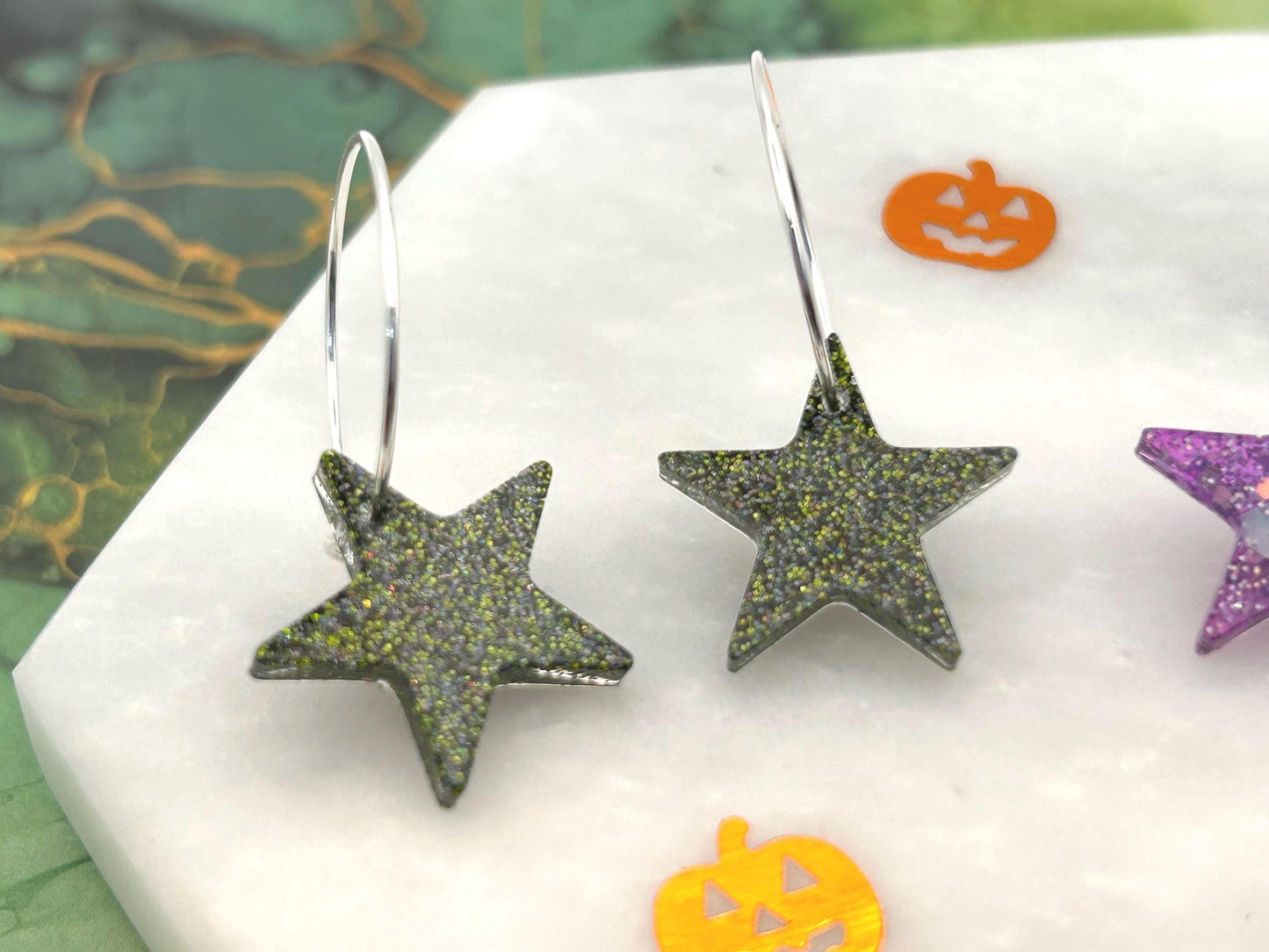 Handmade Resin Earrings. Stars with Glitter and Silver Plated Hoops. Choice of Halloween Inspired Colour.