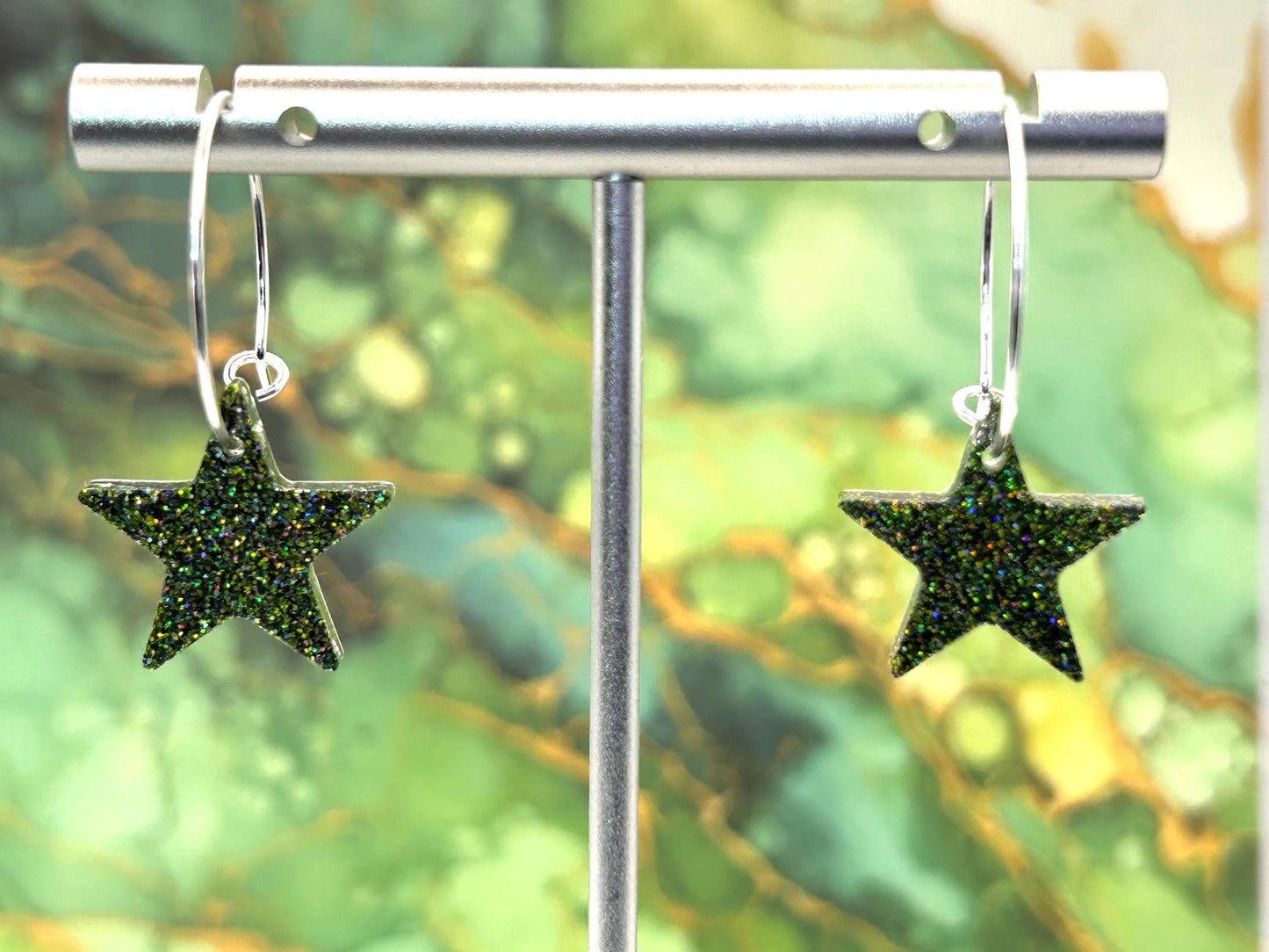 Handmade Resin Earrings. Stars with Glitter and Silver Plated Hoops. Choice of Halloween Inspired Colour.
