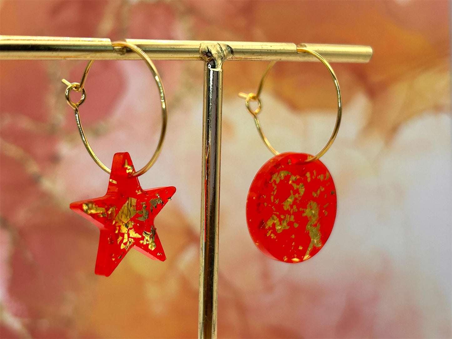 Handmade Resin Earrings. Stars or Circles with Gold Leaf on Gold Plated Hoops. Cherry Red.