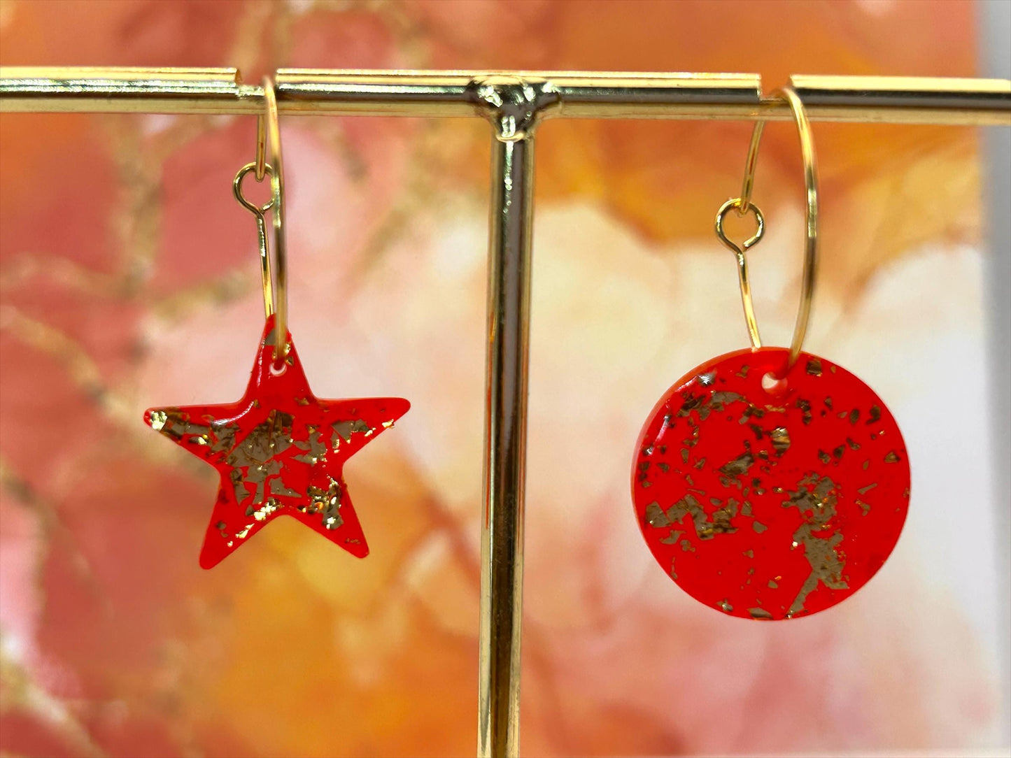 Handmade Resin Earrings. Stars or Circles with Gold Leaf on Gold Plated Hoops. Cherry Red.
