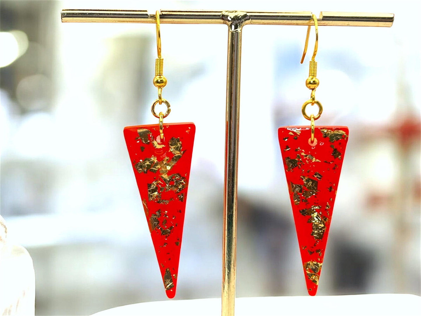 Handmade Resin Earrings. Triangle with Gold Leaf. Gold Plated Hoops or Hooks. Cherry Red.