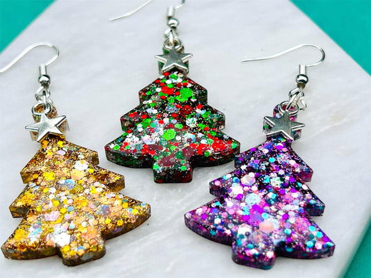 Handmade Glitter Resin Christmas Tree Earrings: Sterling Silver Star Charms