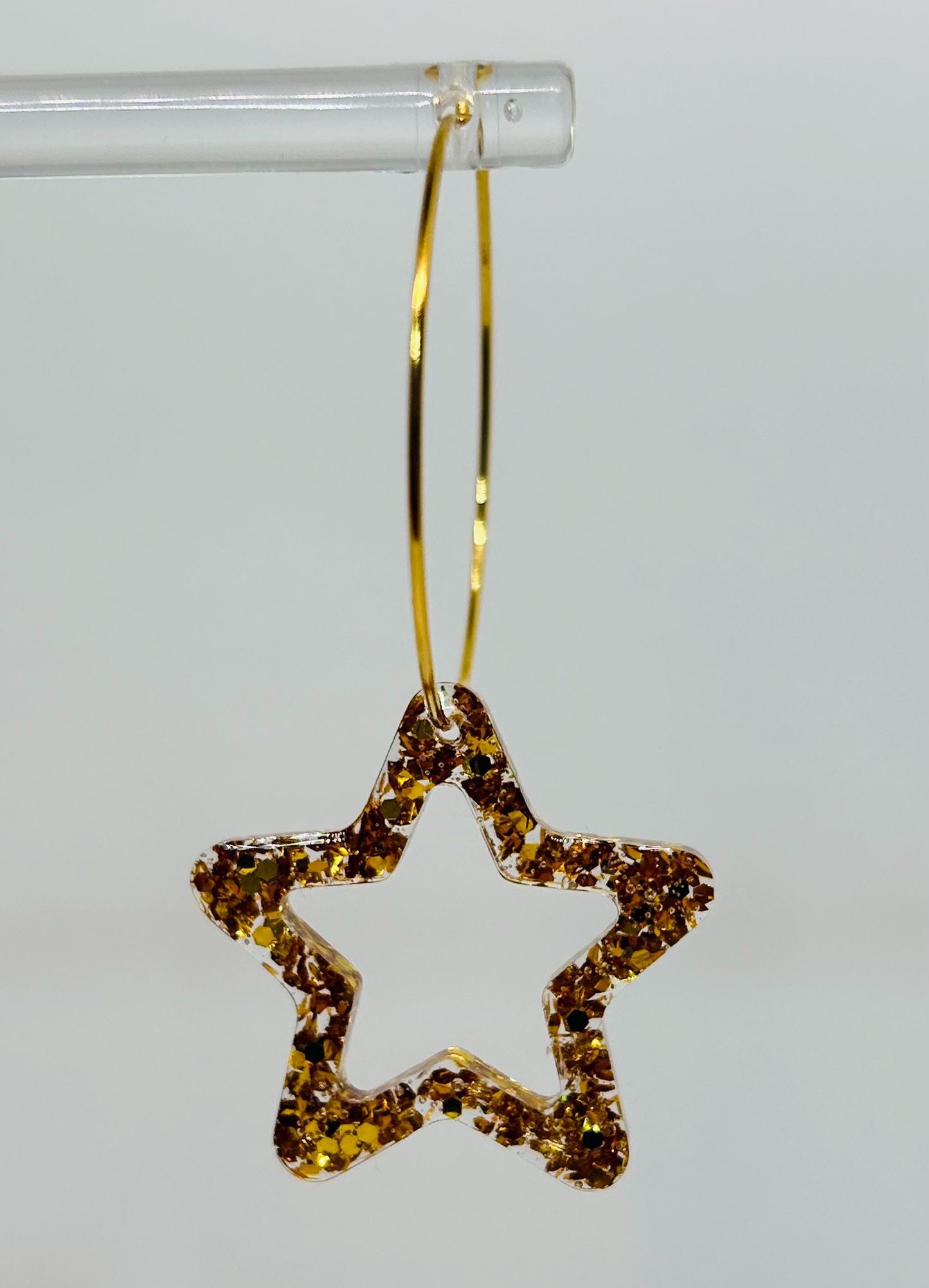 Handmade Star Gold Glitter Resin Earrings, gold plated hoops, choose different hoop sizes