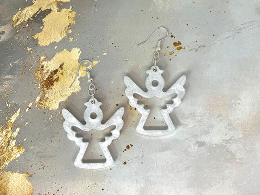 Handmade Shimmering Angel Resin Earrings: Sterling Silver Wire