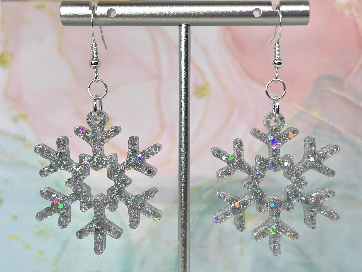 Handmade Holographic Glitter Snowflake Earrings: Sterling Silver Wire