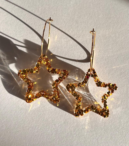 Handmade Star Gold Glitter Resin Earrings, gold plated hoops, choose different hoop sizes