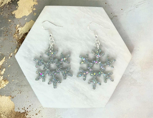 Handmade Holographic Glitter Snowflake Earrings: Sterling Silver Wire