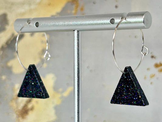 Holographic Glitter Triangle Earrings: Handmade Resin Silver Plated Hoops