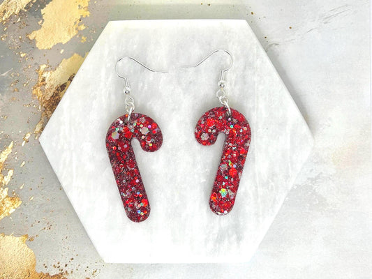 Handmade Candy Cane Resin Earrings: Silver Glitter, Sterling Silver Wires