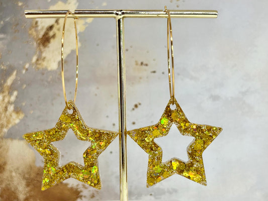 Handmade Gold Glitter Star Earrings: Resin Gold Plated Hoops