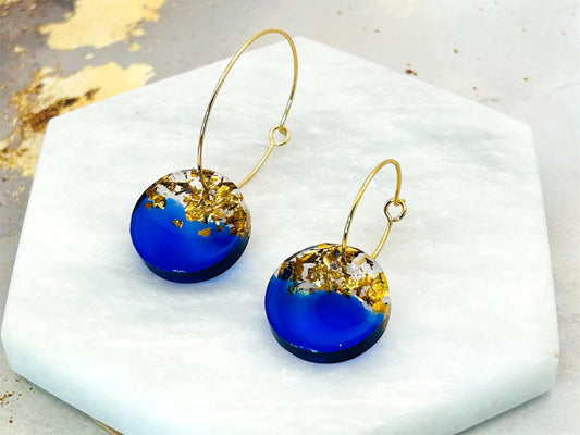 Handmade Royal Blue Resin Earrings: Gold Leaf, Gold Plated Hoops