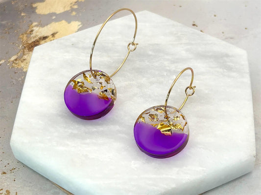 Handmade Resin Circle Earrings: Gold Leaf Purple Hoops