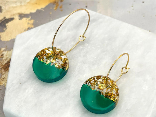 Handmade Green Resin Earrings: Gold Leaf Flake, Gold Plated Hoops