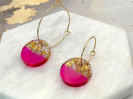 Handmade Resin Earrings: Fushia Pink, Gold Leaf, Gold Plated Hoops