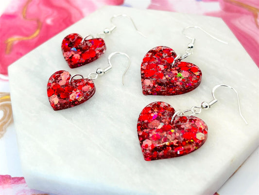 Handmade Red Glitter Heart Earrings: Sterling Silver Hooks, Resin Charm