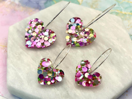 Handmade Resin Heart Earrings: Silver Plated Hoops, Pastel Glitter