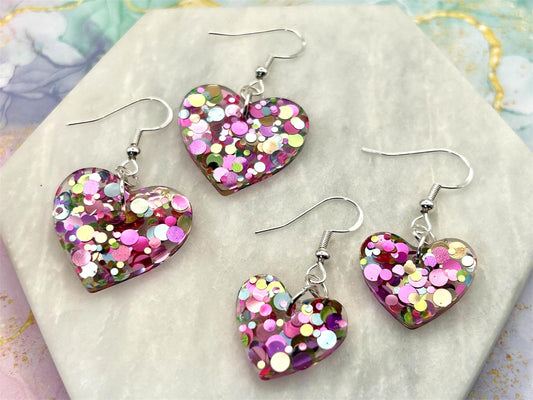 Handmade Heart Resin Earrings: Pastel Glitter, Sterling Silver Hooks