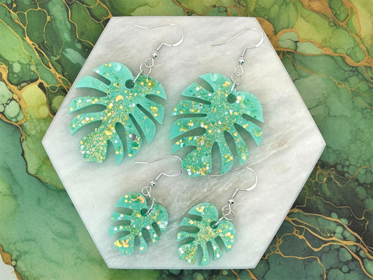 Handmade Monstera Leaf Resin Earrings: Green Glitter, Sterling Silver