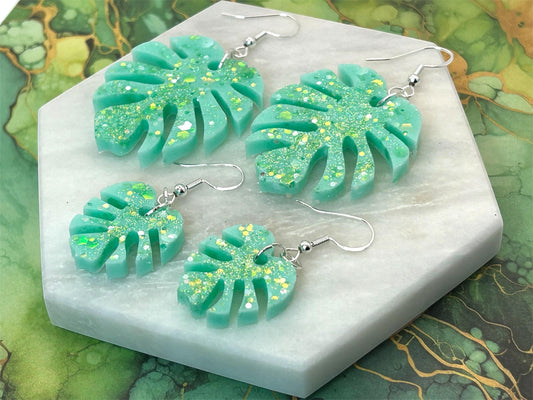 Handmade Monstera Leaf Resin Earrings: Green Glitter, Sterling Silver