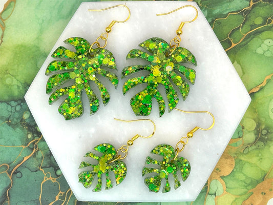 Handmade Glitter Monstera Leaf Earrings: Green Resin on Gold Plated Hooks
