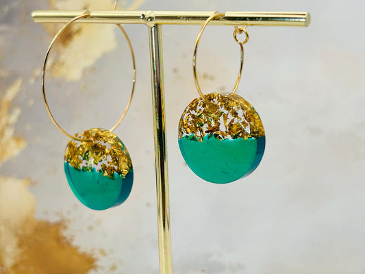 Handmade Green Resin Earrings: Gold Leaf Flake, Gold Plated Hoops