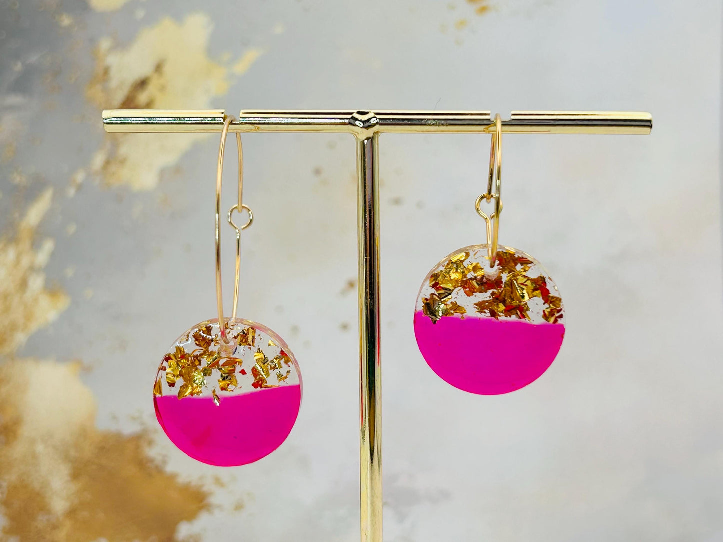 Handmade Resin Earrings: Fushia Pink, Gold Leaf, Gold Plated Hoops