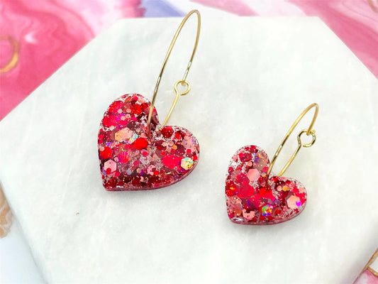 Handmade Red Glitter Heart Earrings: Gold Plated Hoops