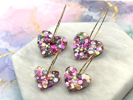 Handmade Resin Heart Earrings: Gold Plated Hoops, Pastel Glitter, Choice of size