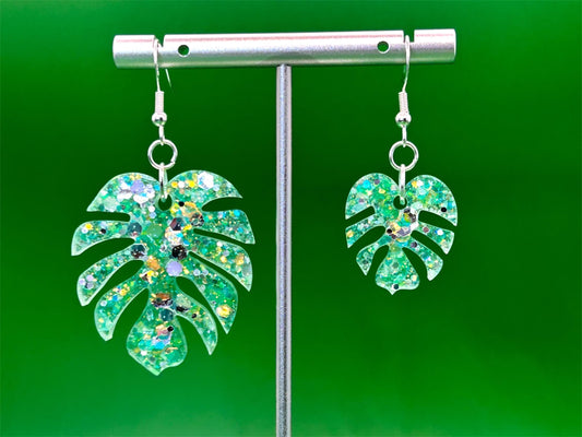 Handmade Glitter Monstera Leaf Earrings: Green Resin, Sterling Silver