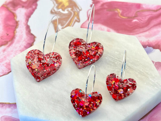Handmade Heart Resin Earrings: Red & Pink Glitter, Silver Plated Hoops