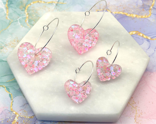 Handmade Raspberry Glitter Heart Earrings: Silver Plated Hoops