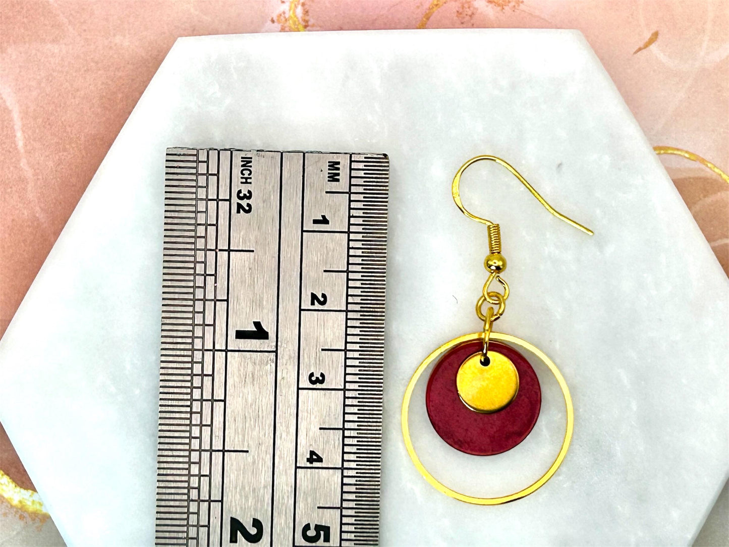 Handmade Brass Hoop Earrings: Burgundy Resin Circle Charm