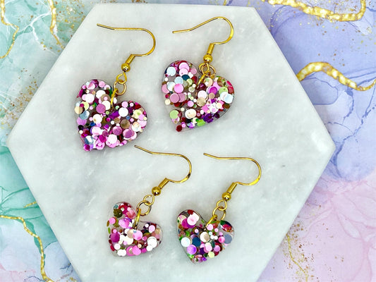 Handmade Resin Heart Earrings: Gold Plated Hooks, Pastel Glitter