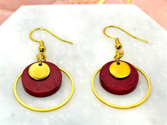 Handmade Brass Hoop Earrings: Burgundy Resin Circle Charm