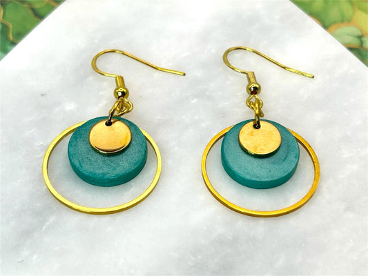 Handmade Brass Hoop Earrings: Green Resin Circle Charm, Gold Plated Hooks