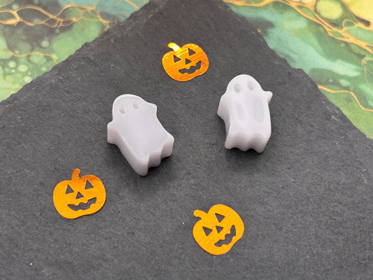 Handmade Halloween Cute Ghost Stud Earrings: White Resin, Silver Plated Hoops