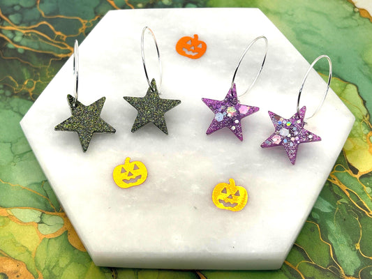 Handmade Resin Earrings. Stars with Glitter and Silver Plated Hoops. Choice of Halloween Inspired Colour.