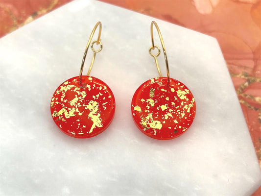 Handmade Resin Earrings. Stars or Circles with Gold Leaf on Gold Plated Hoops. Cherry Red.