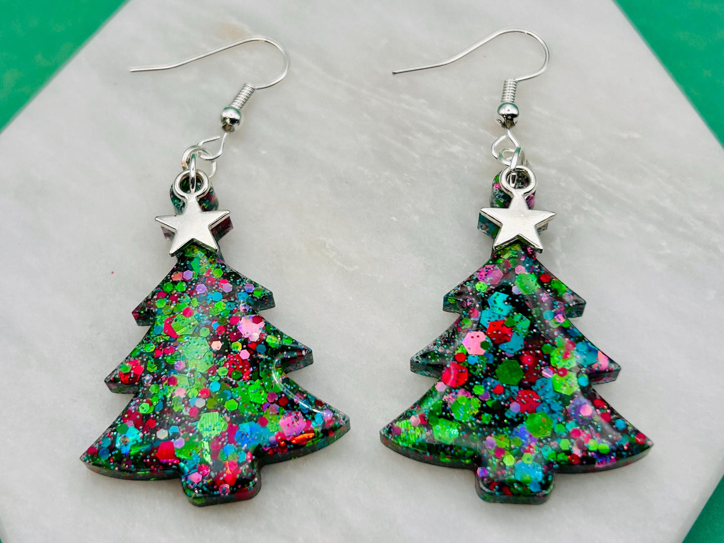 Handmade Glitter Resin Christmas Tree Earrings: Sterling Silver Hooks