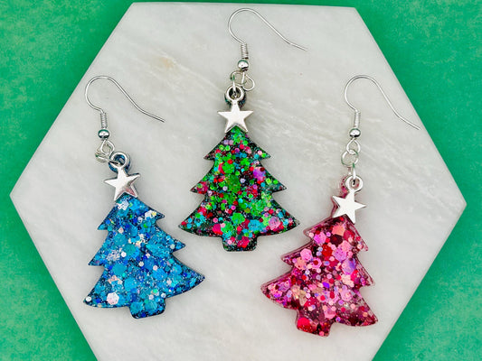 Handmade Glitter Resin Christmas Tree Earrings: Sterling Silver Hooks