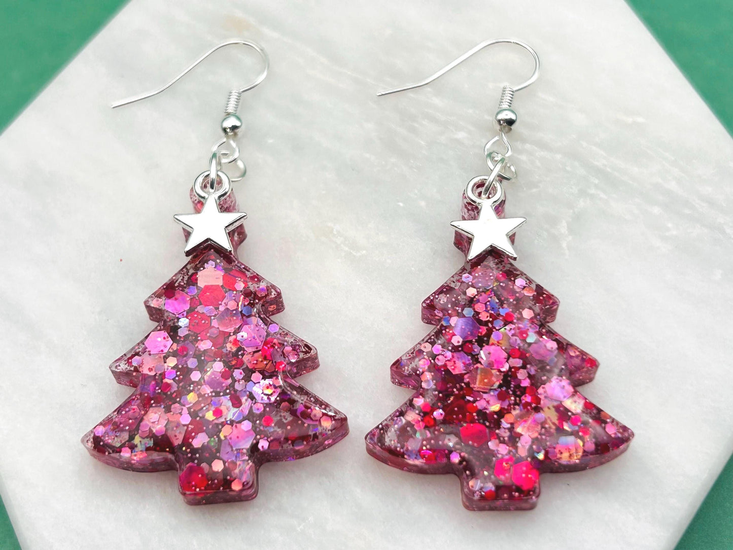 Handmade Glitter Resin Christmas Tree Earrings: Sterling Silver Hooks