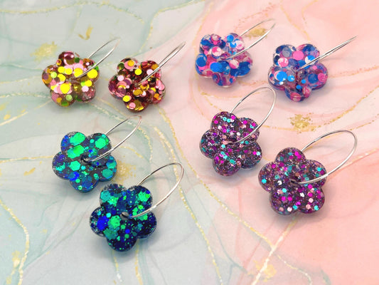 Handmade Resin Flower Earrings: Silver Plated Hoops. Gorgeous Choice of Colours. Perfect gift or treat yourself!