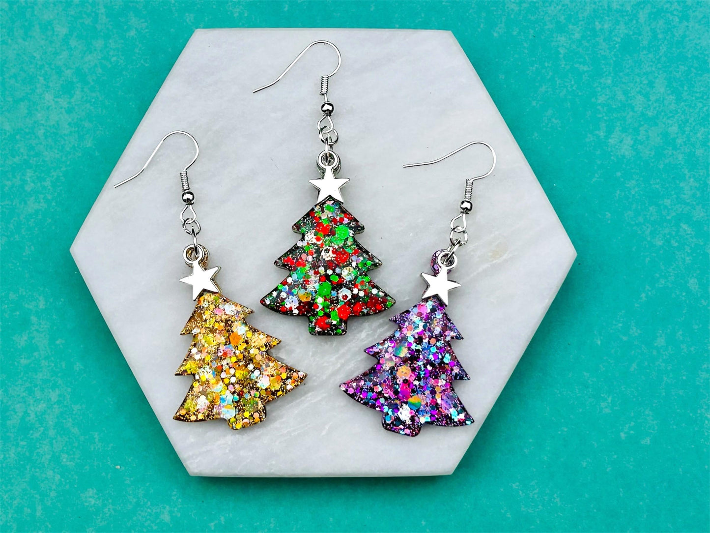 Handmade Glitter Resin Christmas Tree Earrings: Sterling Silver Star Charms