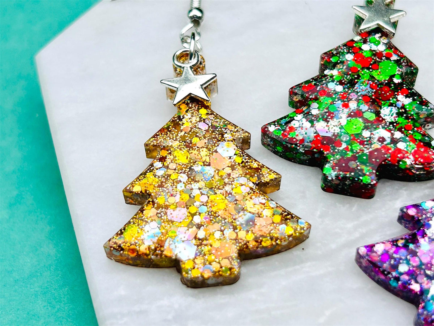 Handmade Glitter Resin Christmas Tree Earrings: Sterling Silver Star Charms
