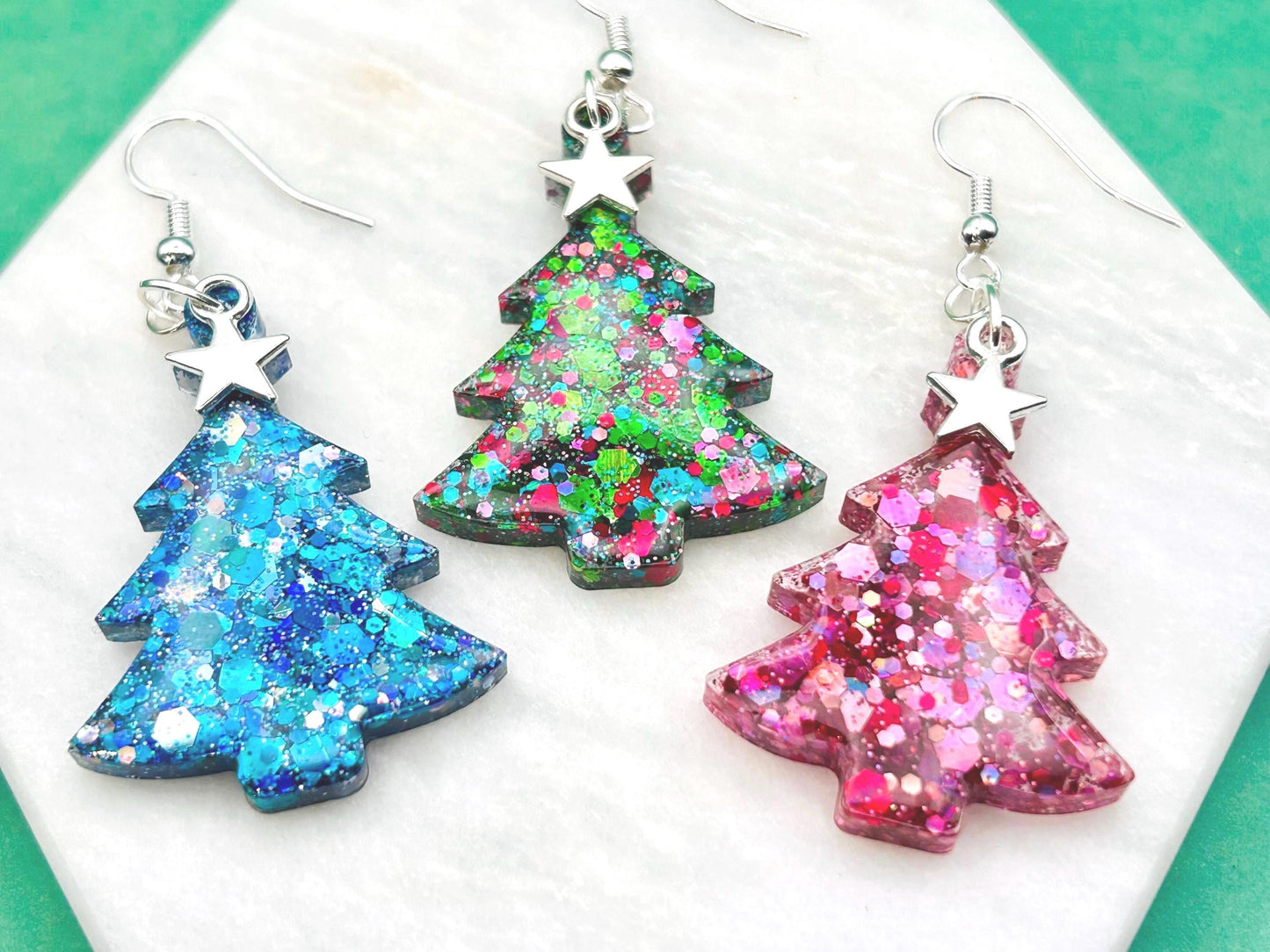 Handmade Glitter Resin Christmas Tree Earrings: Sterling Silver Hooks