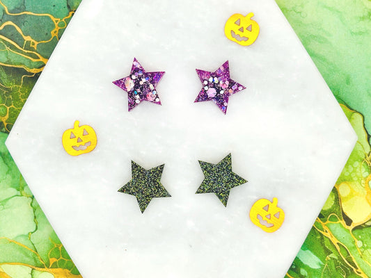 Halloween Handmade Star Stud Earrings: Resin, glitter and Sterling Silver posts. Perfect for a gift or treat yourself!
