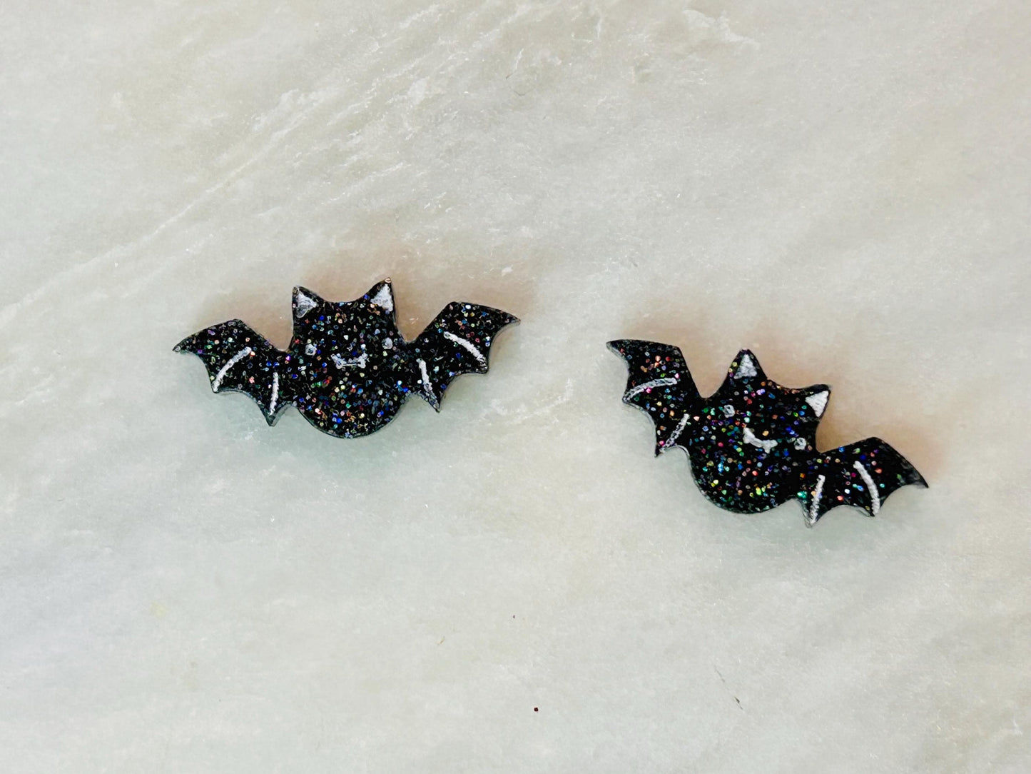 Handmade Bat Stud Earrings: Resin with Black Holographic Giltter, Stirling Silver Stud