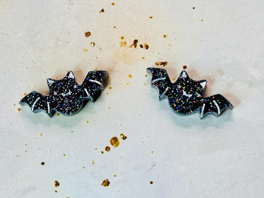Handmade Bat Stud Earrings: Resin with Black Holographic Giltter, Stirling Silver Stud