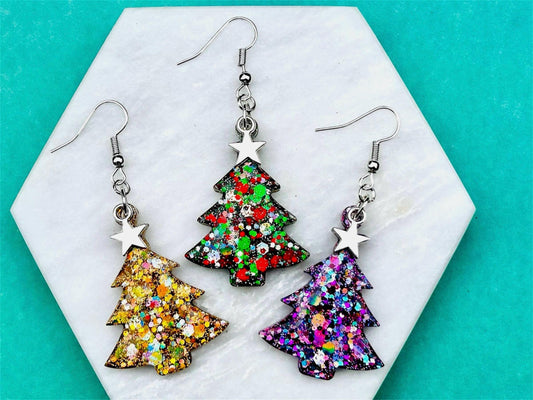 Handmade Glitter Resin Christmas Tree Earrings: Sterling Silver Star Charms