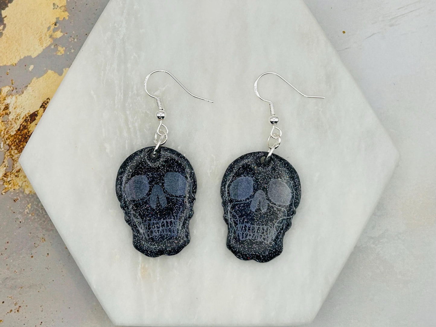 Handmade Halloween Skull Earrings: Resin with Black Holographic Giltter, Stirling Silver Hooks